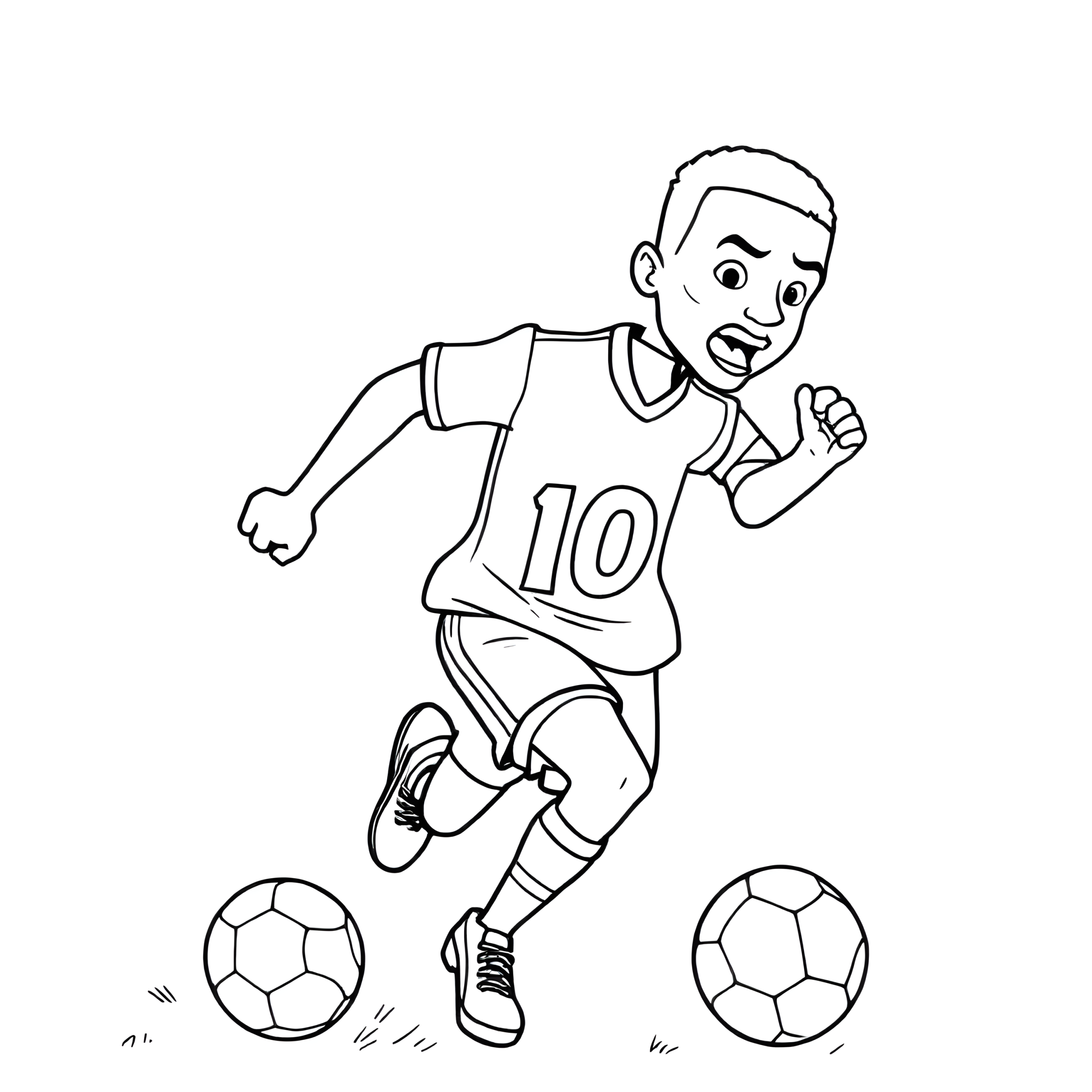 Coloring page of Kylian Mbappé in a number 10 jersey running on the grass between two soccer balls.