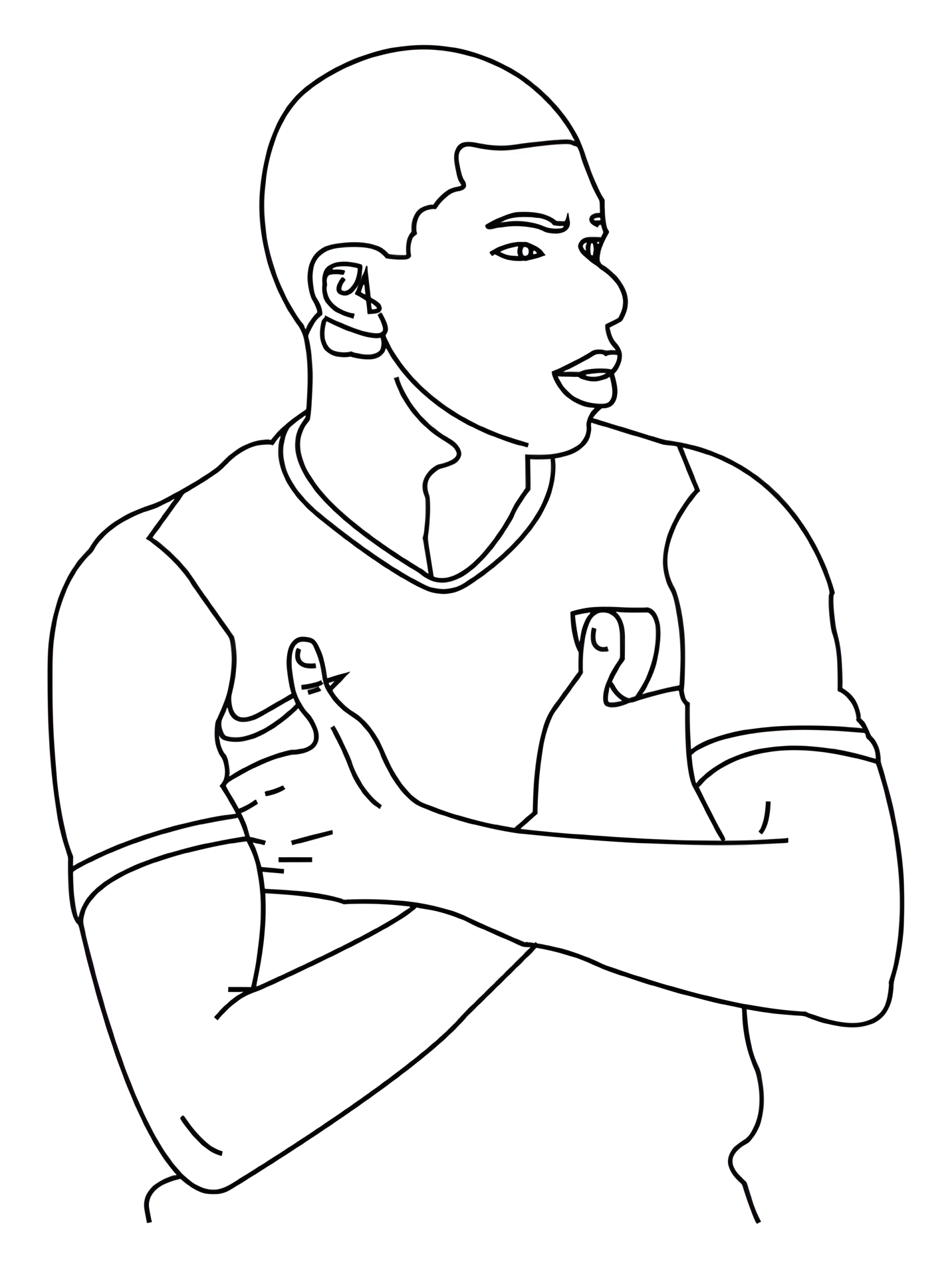 Coloring page of Kylian Mbappé with his arms folded across his chest and his head turned to the side.