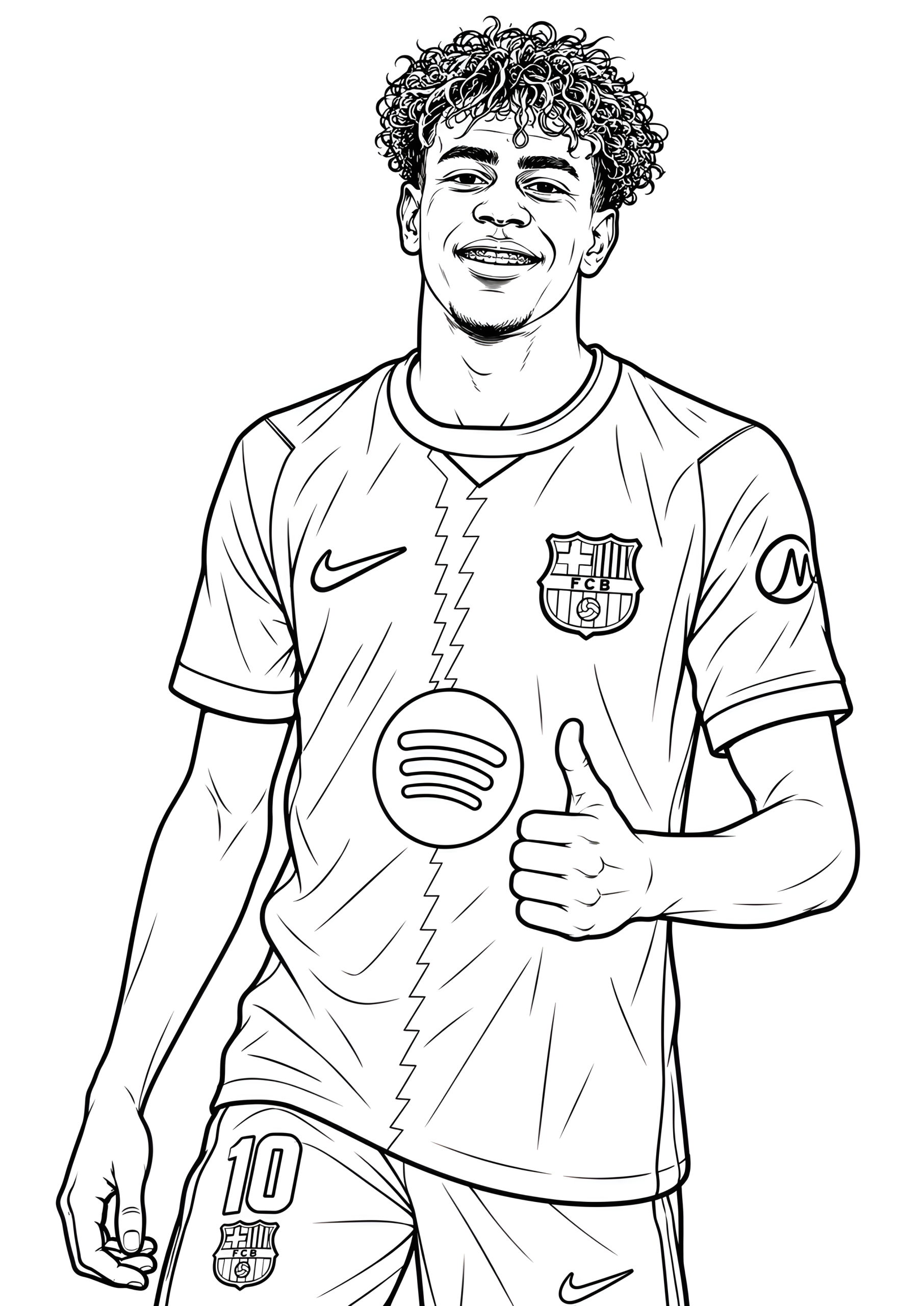 Coloring page of Lamine Yamal smiling and giving a thumbs up in an FC Barcelona jersey.
