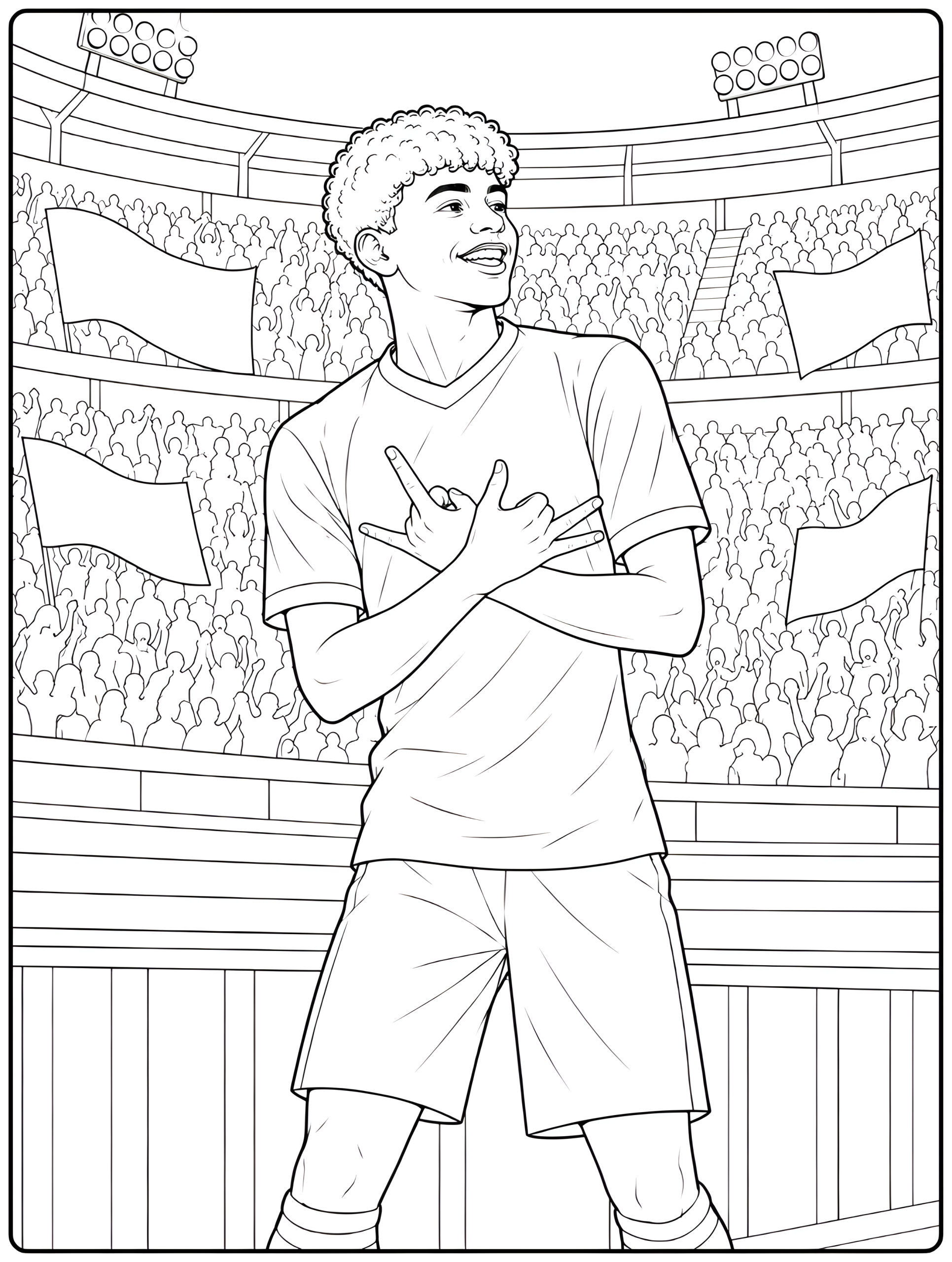Coloring page of Lamine Yamal smiling with arms crossed on his chest, making a hand sign in a crowded stadium.
