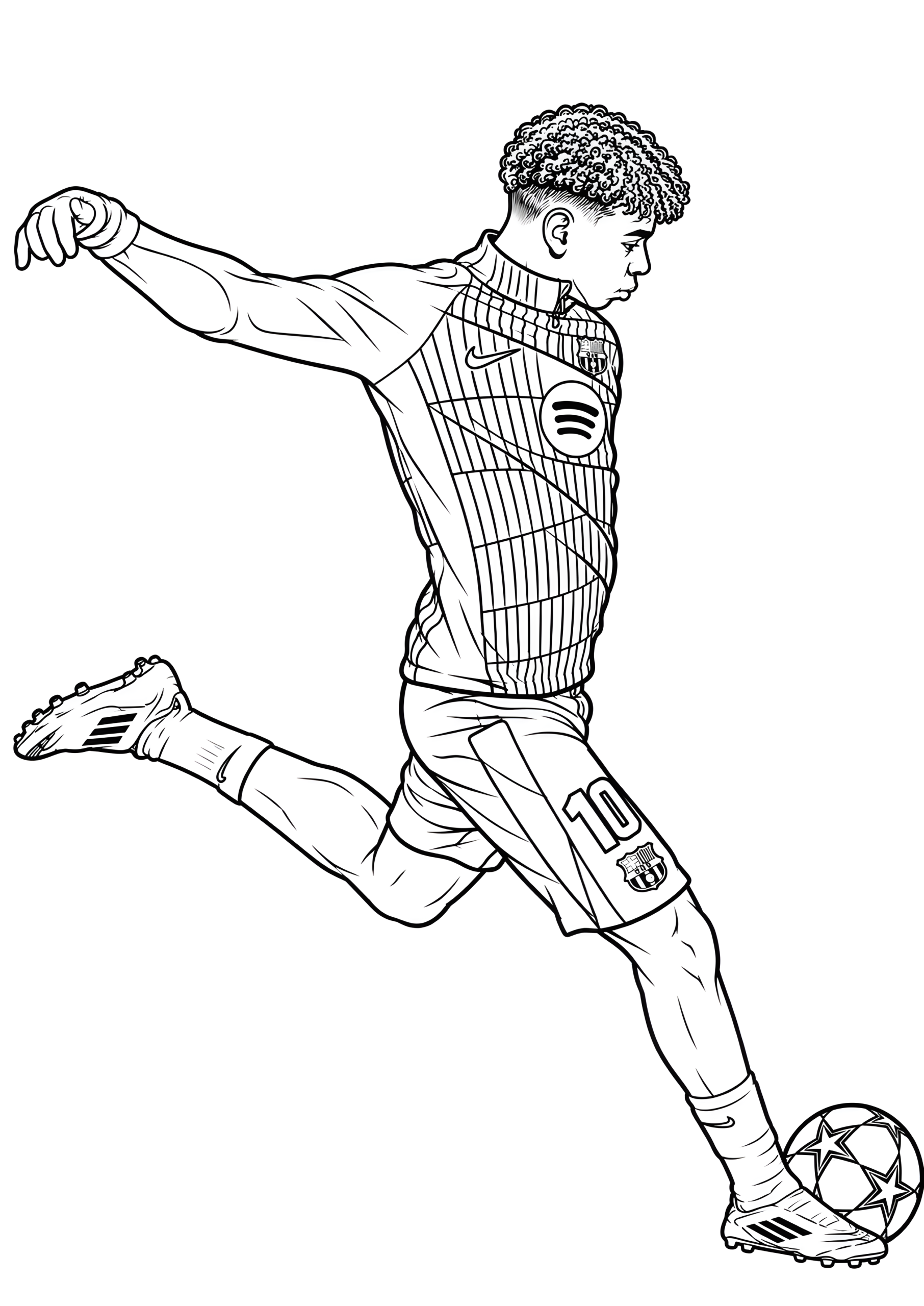 Coloring page of Lamine Yamal in an FC Barcelona number 10 uniform in a dynamic pose with one arm out near a star-patterned ball.