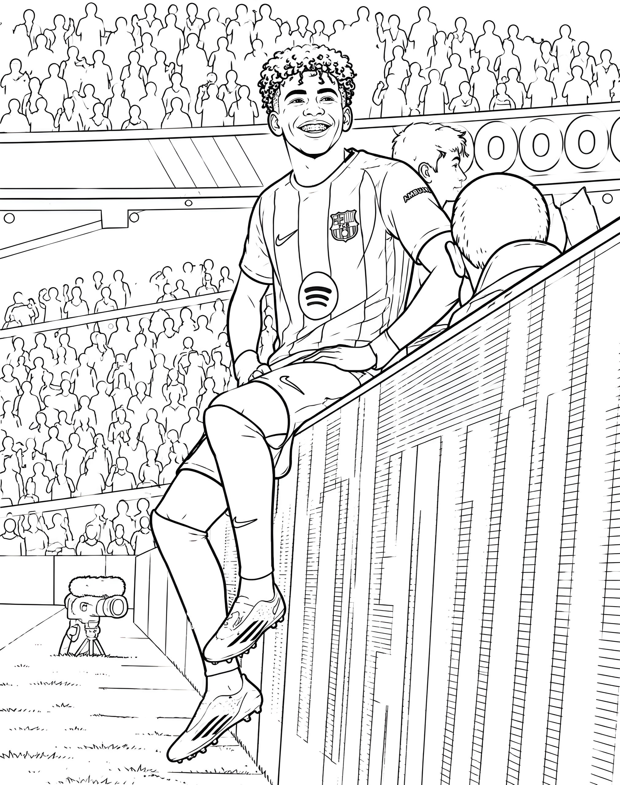Coloring page of Lamine Yamal smiling and sitting on a railing in front of the stands in his FC Barcelona jersey, a teammate behind him.