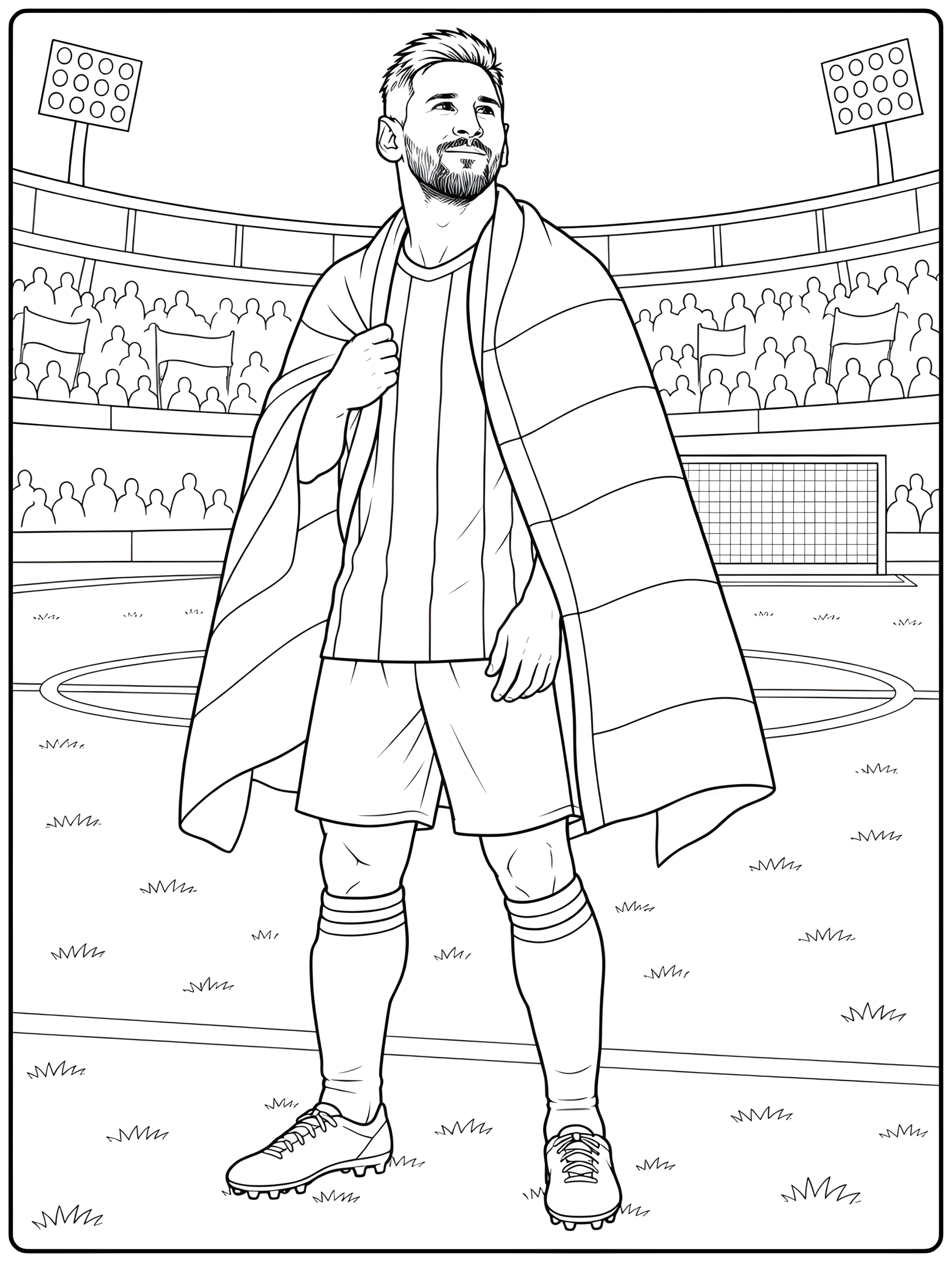 Coloring page of Lionel Messi standing on the field with a large cloth draped over his shoulders in front of the stands.