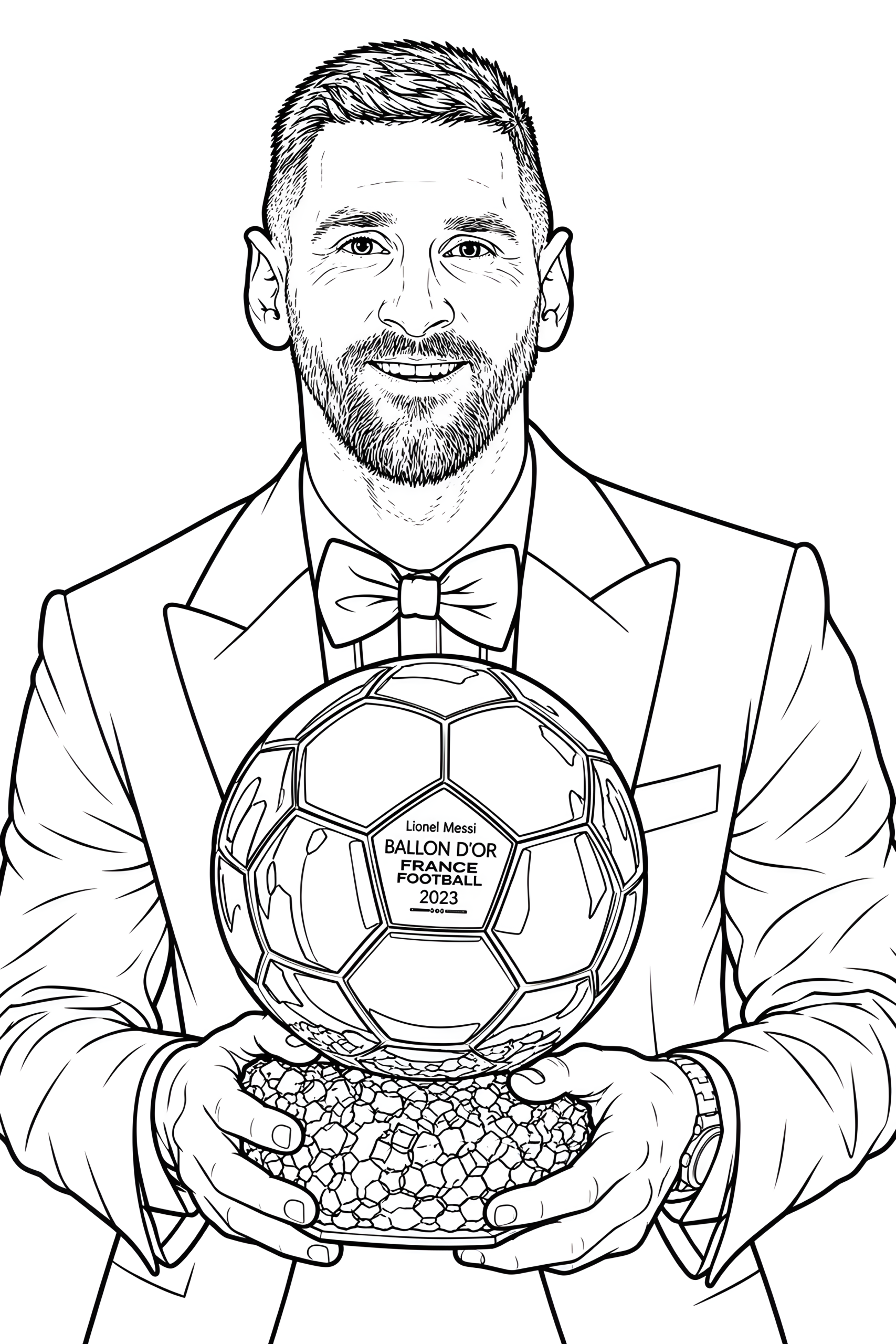 Coloring page of Lionel Messi in a suit and bow tie holding a soccer ball marked Ballon d'Or with both hands.