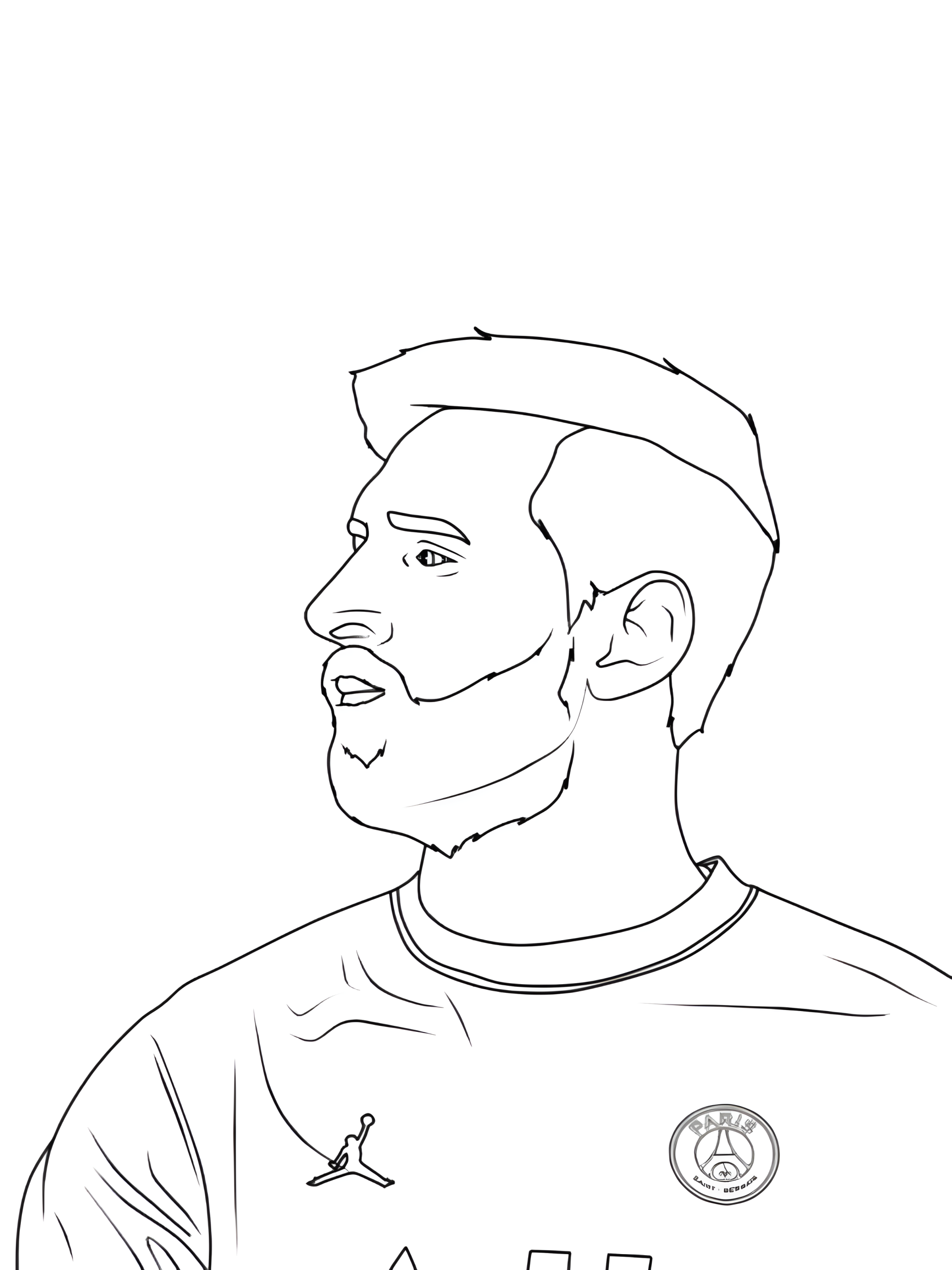 Coloring page of Lionel Messi seen in profile with a beard, wearing a Paris Saint-Germain jersey.