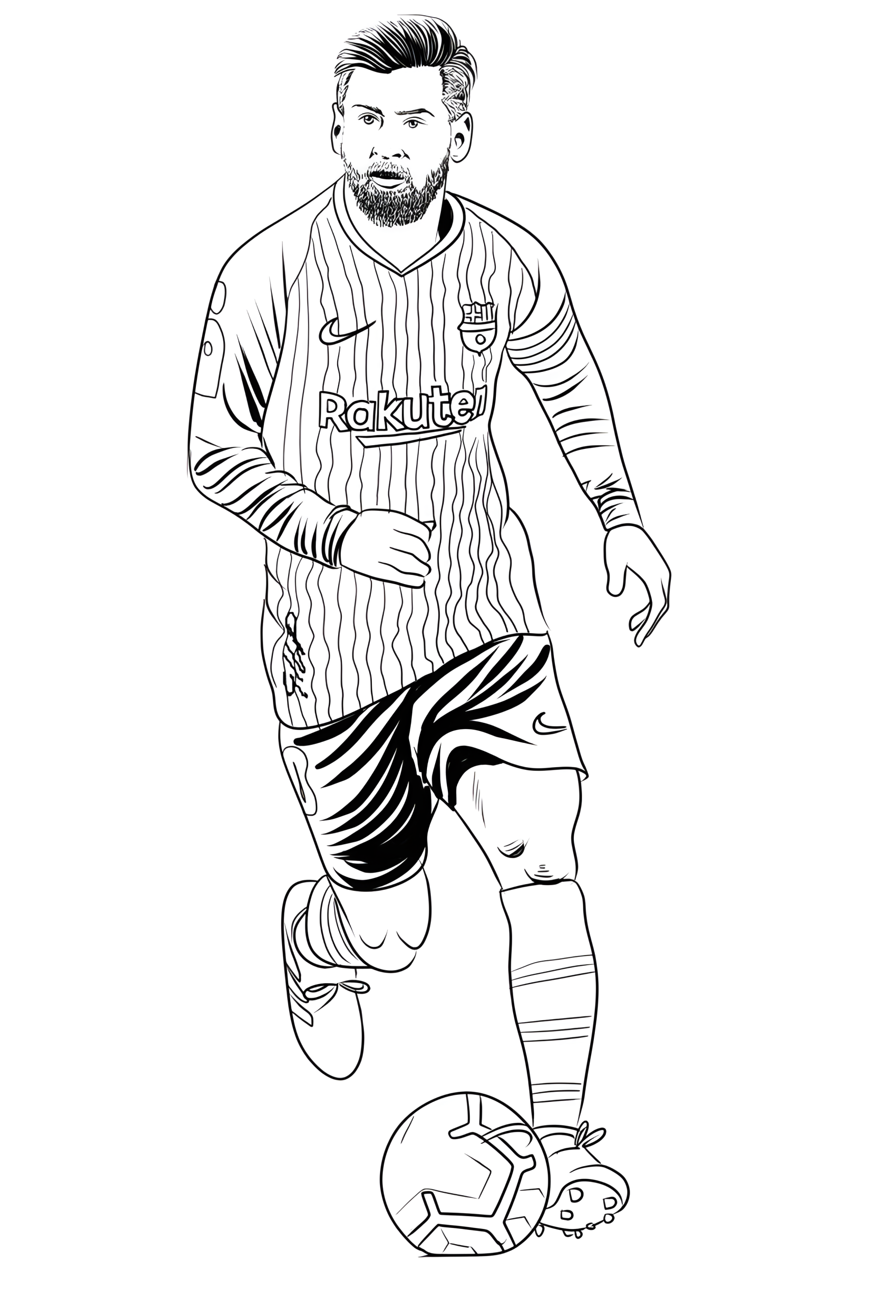 Coloring page of Lionel Messi in motion with the ball at his feet, wearing an FC Barcelona jersey.