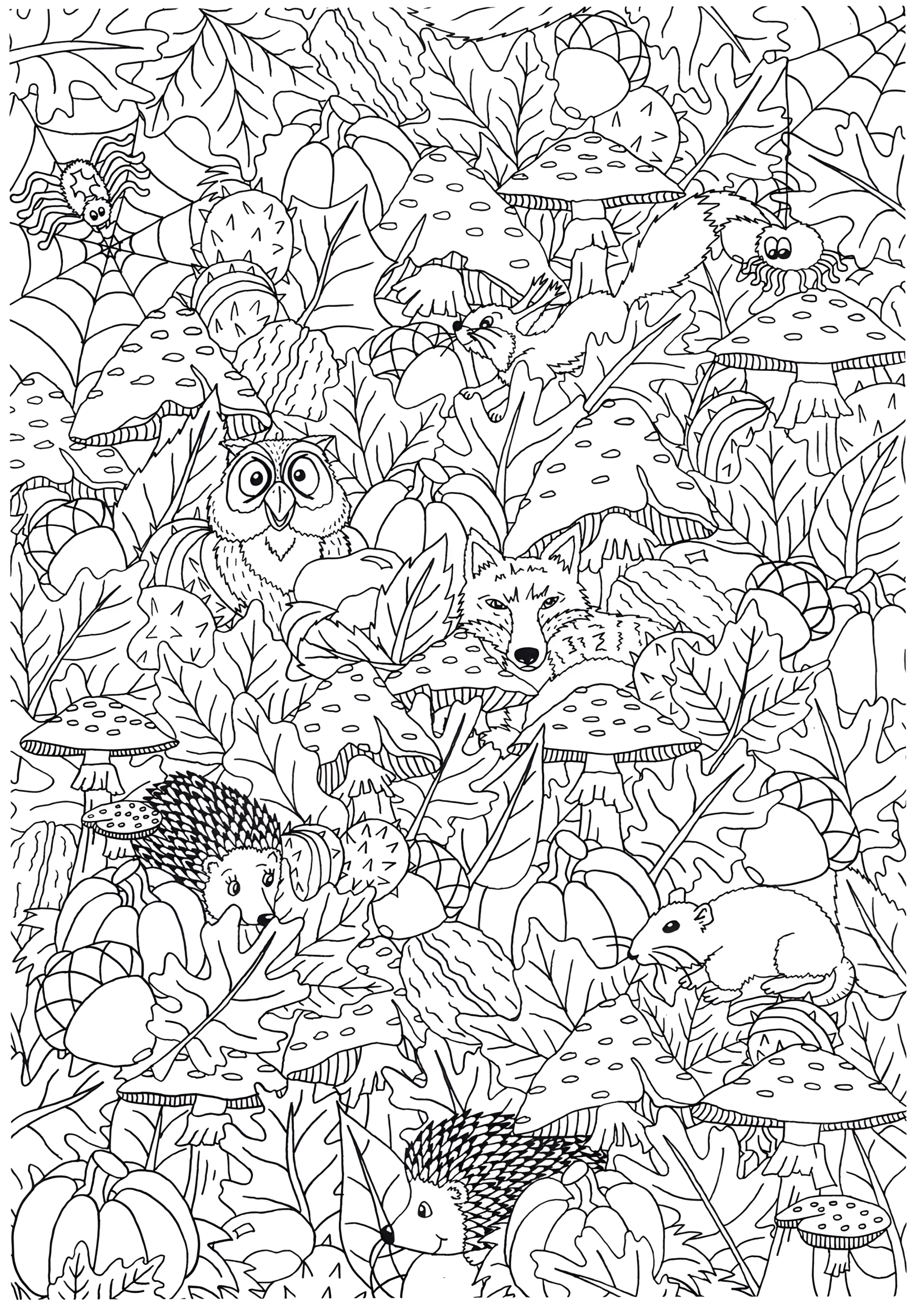 Coloring page of an owl, a fox, hedgehogs, a mouse and spiders among mushrooms, leaves and pumpkins in a forest.