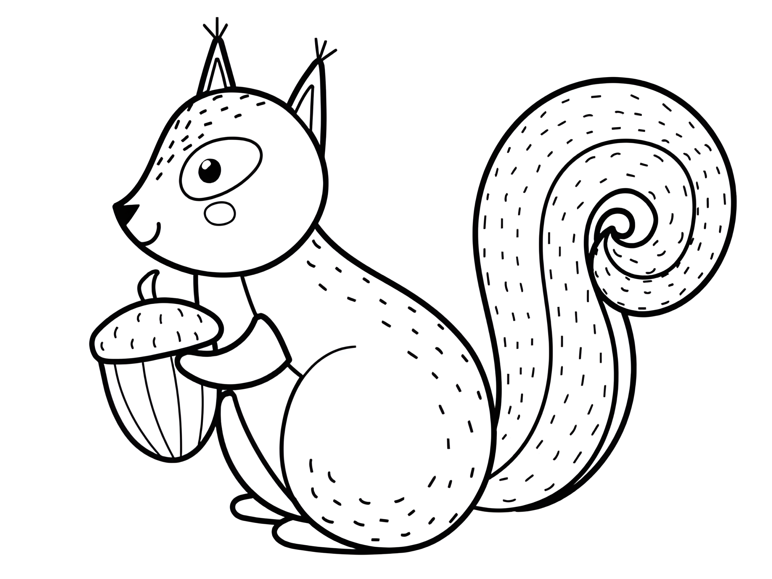 Coloring page of a squirrel holding an acorn while its big bushy tail curls up behind it.