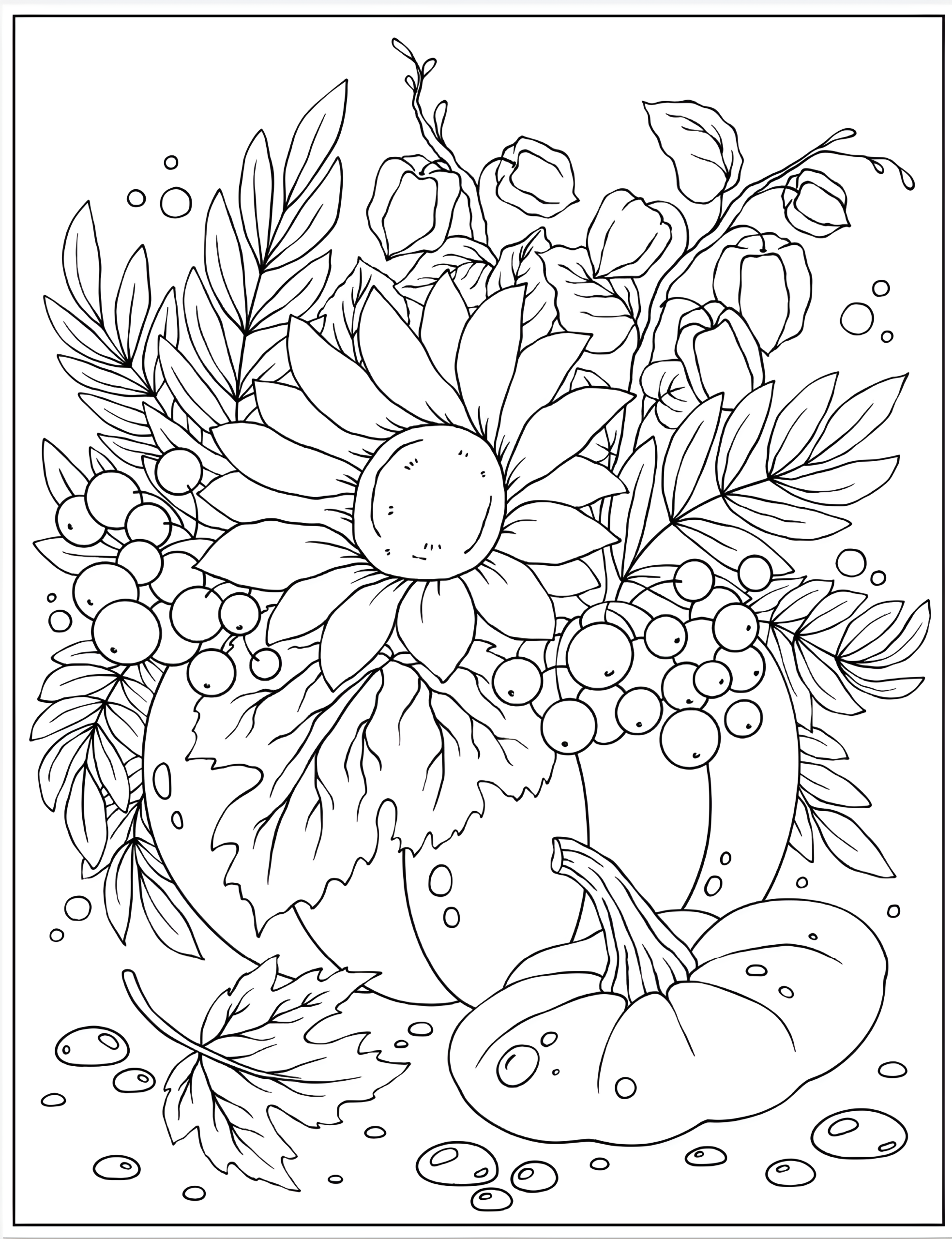 Coloring page of a tall sunflower rising above pumpkins, berries and decorative fall leaves.